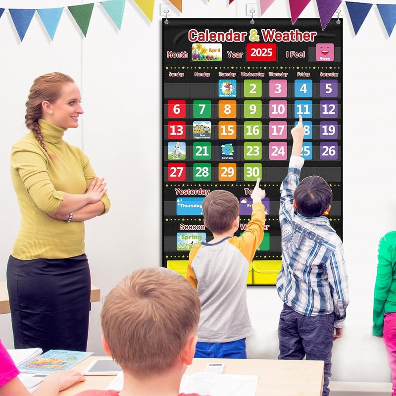 AKAYOK Calendar and Weather Pocket Chart for Kids Learning, Large 44.5”x28” Homeschooling Calendar Pocket Chart with 113 Cards, Teacher and Back to School Supplies - Image 2